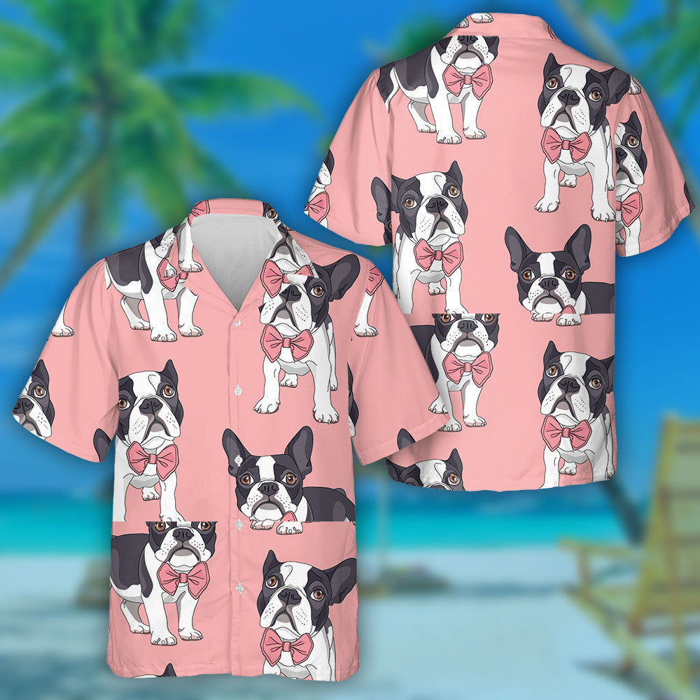 Cartoon Bulldog With Pink Bow Tie Hawaiian Shirt, Hawaiian For Gift