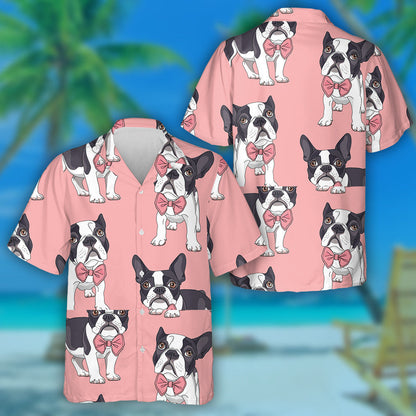 Cartoon Bulldog With Pink Bow Tie Hawaiian Shirt, Hawaiian For Gift