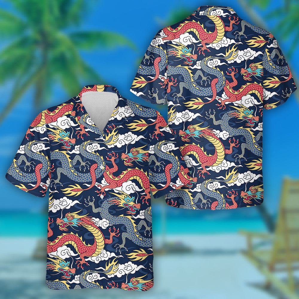 Blue And Red Dragons Fighting In The Cloud Hawaiian Shirt, Hawaiian Shirt Gift, Christmas Gift