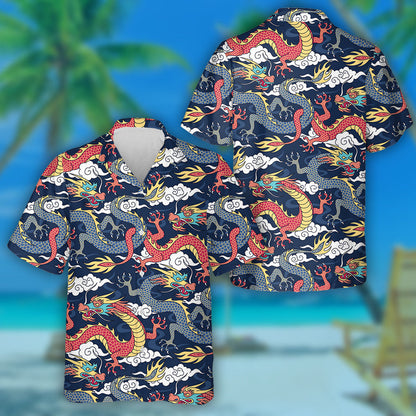 Blue And Red Dragons Fighting In The Cloud Hawaiian Shirt, Hawaiian Shirt Gift, Christmas Gift