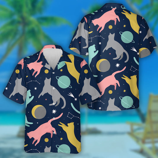 Cats Floating In Space Cosmic Background Hawaiian Shirt, Hawaiian For Gift