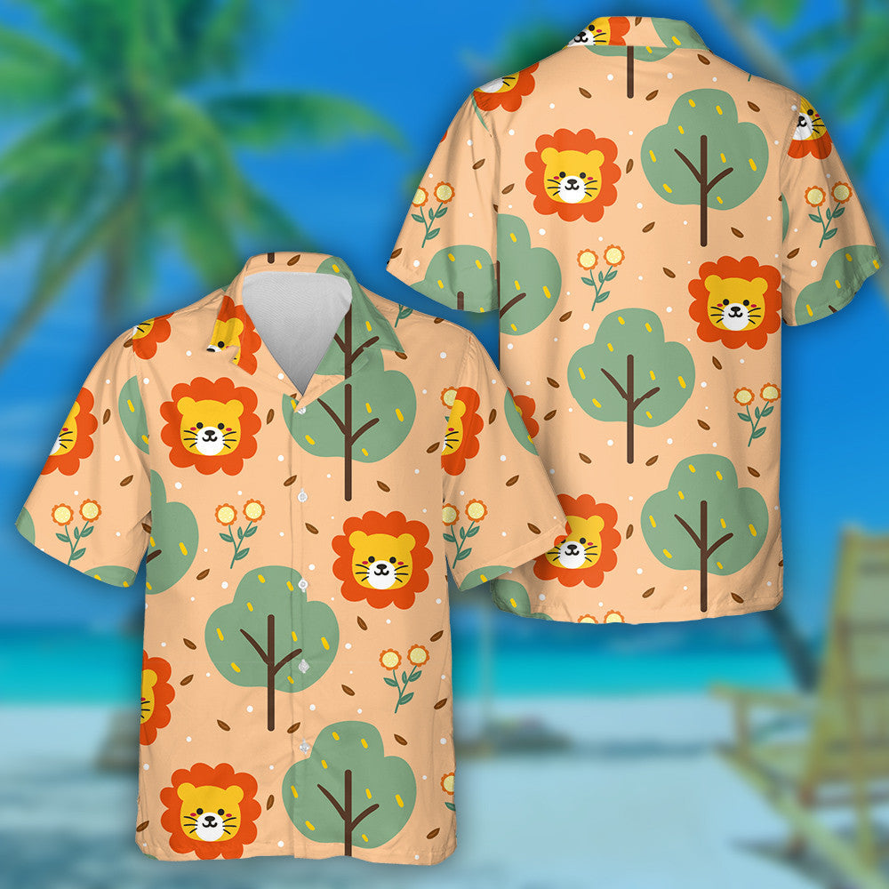 Cute Cartoon Lion Flower And Tree Hawaiian Shirt,Hawaiian Shirt Gift, Christmas Gift