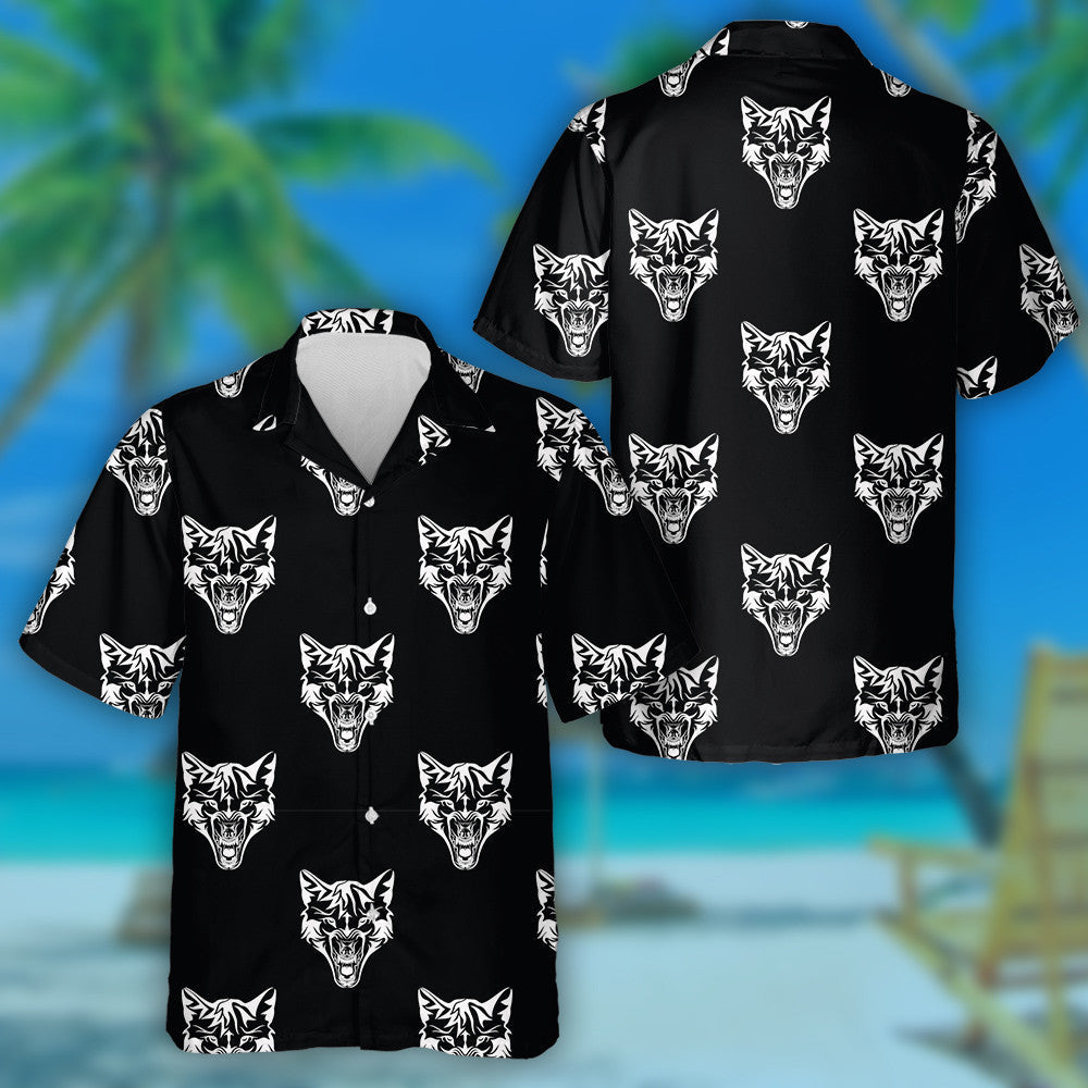 Silver Wolf Head On A Black Background Hawaiian Shirt, Hawaiian Shirt Gift, Christmas Gift
