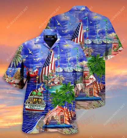 Daidí na Nollag ar Muir Bád Sleigh Teacht Chuig na Nollag Léinte Gearr Haváís Laethanta Saoire Léinte Tropacha Léinte Grinn Haváí Léinte Greannmhar Haváise, Bronntanas Léine Haváís, Bronntanas Nollag