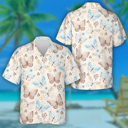 Flying Butterflies And Flowers In Blue Brown Hawaiian Shirt, Hawaiian Shirt Gift, Christmas Gift