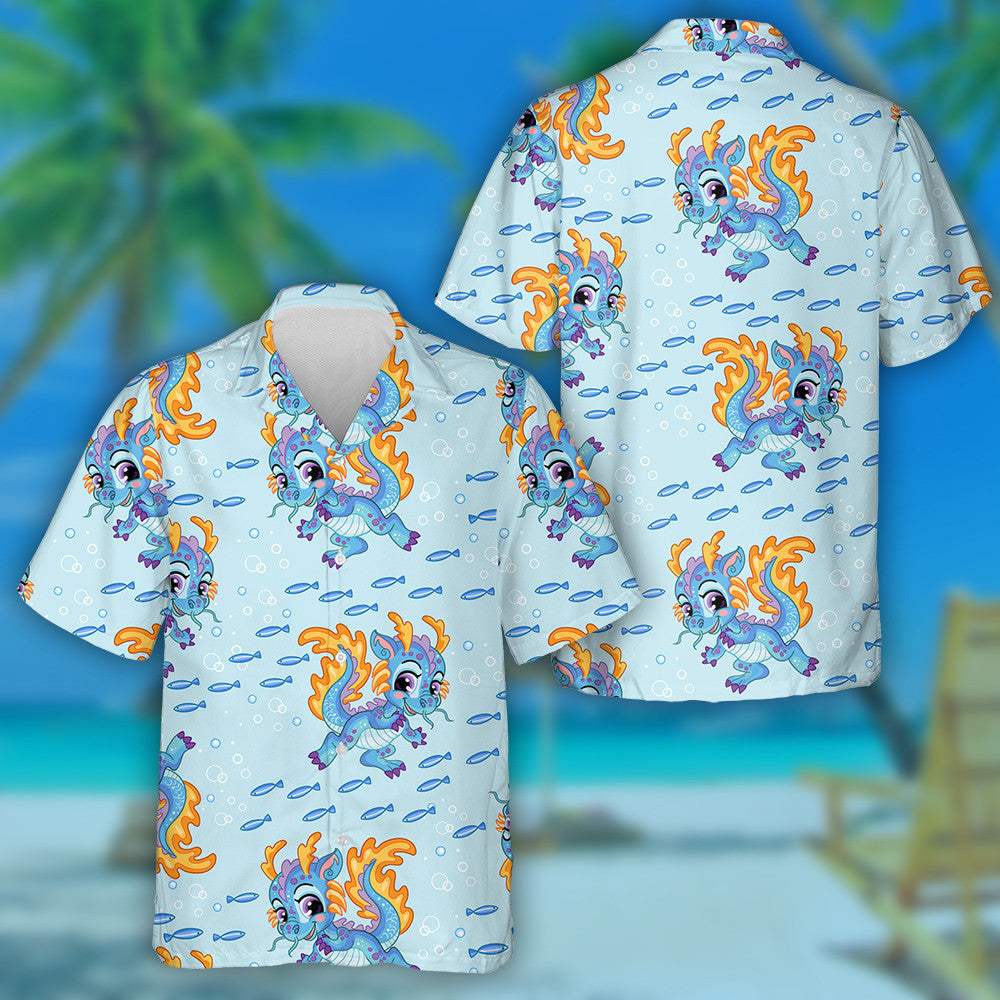 Cute Cartoon Water Dragon Fishes And Bubbles Hawaiian Shirt, Hawaiian Shirt Gift, Christmas Gift
