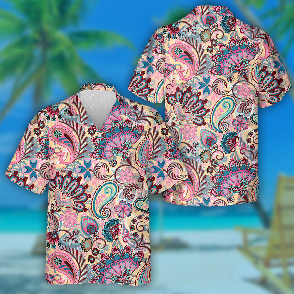 Téama Beige Patrún Eitneach Paisley le Eilimintí Bláthanna Léine Haváís, Bronntanas Léine Haváís, Bronntanas Nollag