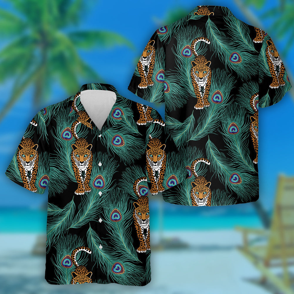 Leopard And Peacock Feather Black Background Hawaiian Shirt, Hawaiian For Gift