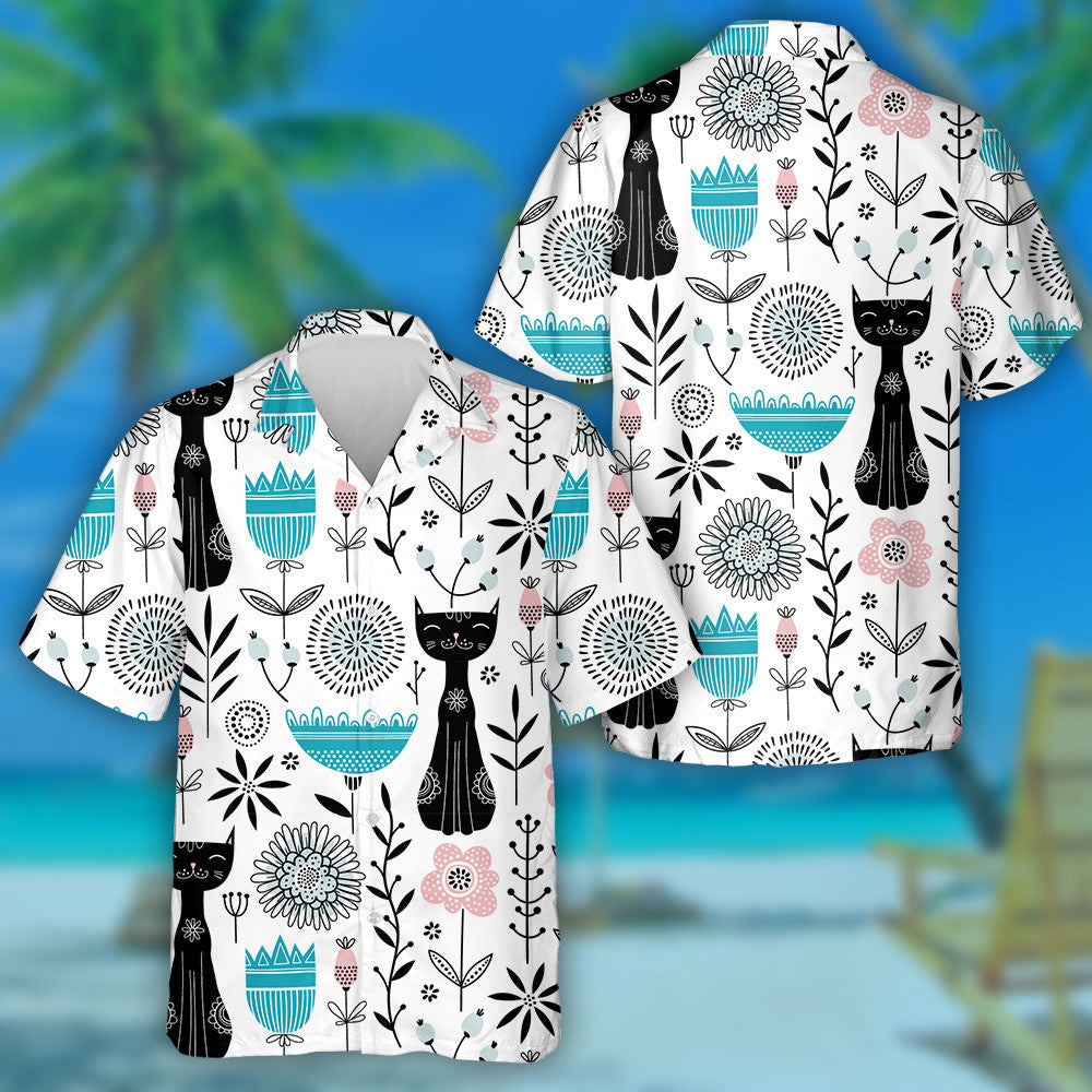 Cute Black Cats And Flowers Retro Style Hawaiian Shirt, Hawaiian Shirt Gift, Christmas Gift