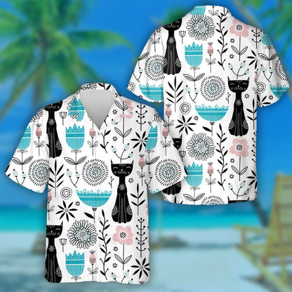 Cute Black Cats And Flowers Retro Style Hawaiian Shirt, Hawaiian Shirt Gift, Christmas Gift