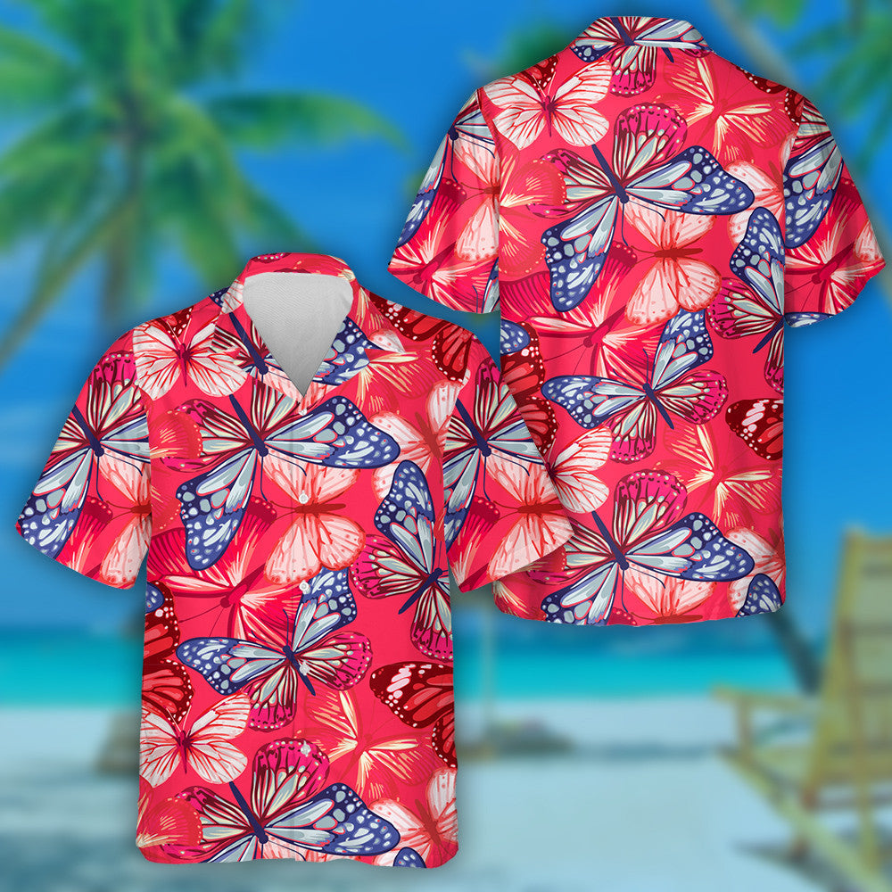 Stíl Mhuirí Le Féileacáin As Léine Haváís Dearg Agus Gorm, Bronntanas Léine Haváíais, Bronntanas Nollag