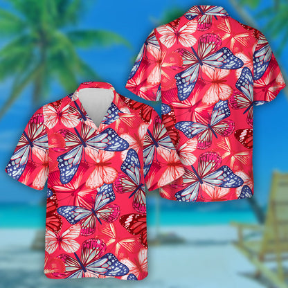 Stíl Mhuirí Le Féileacáin As Léine Haváís Dearg Agus Gorm, Bronntanas Léine Haváíais, Bronntanas Nollag