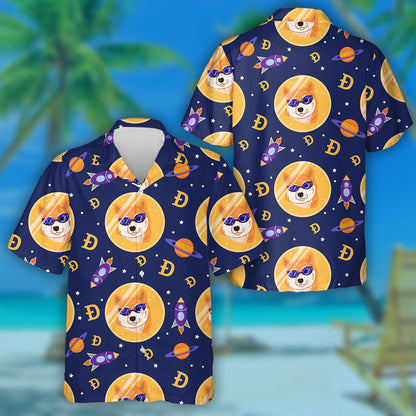 Cartún Cryptocurrency Madra Shiba Sa Spás Cúlra Leithlisithe Léine Haváíais, Bronntanas Léine Haváíais, Bronntanas Nollag