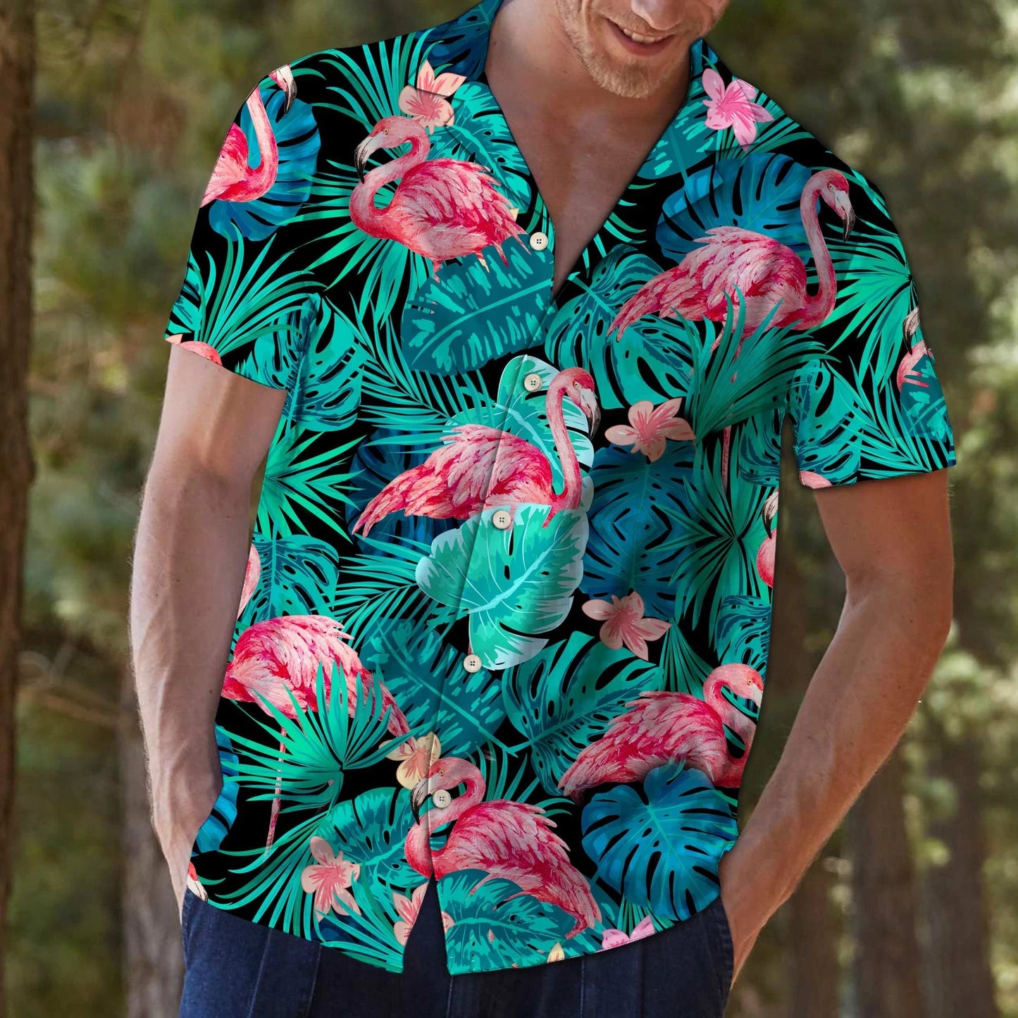 Gorgeous Flamingo With Tropical Leaves Jungle Pattern Hawaiian Shirt, Hawaiian Shirt Gift, Christmas Gift