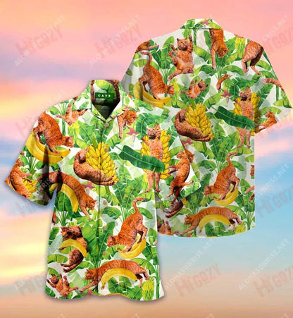 Cait Greannmhar Agus Bananaí Léim Léine Gearr Haváís Laethanta Saoire Léinte Tropacha Léine Oirbheartaíochta Haváí Patrún Léine Haváíais, Bronntanas Léine Haváís, Bronntanas Nollag