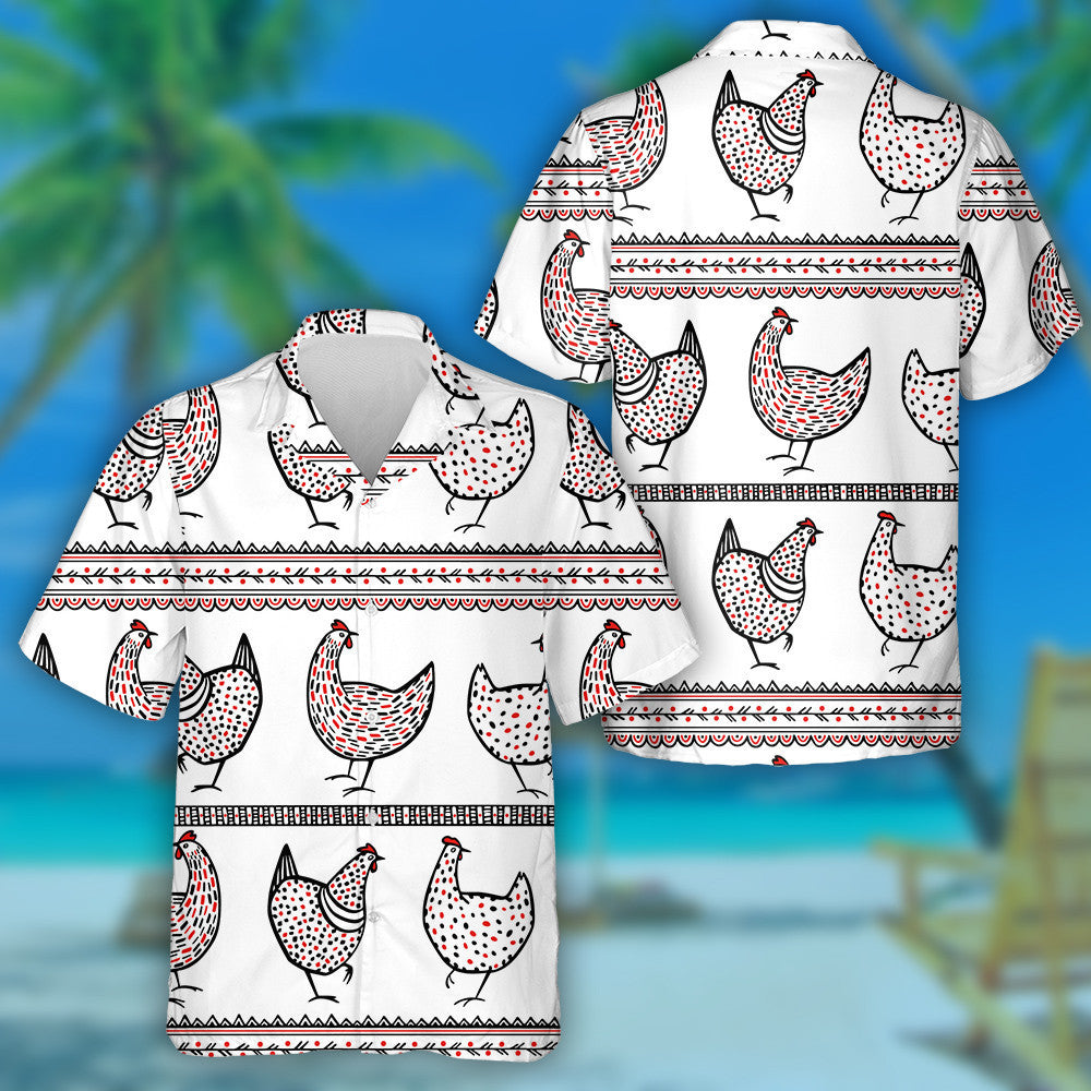 Chickens And Ethnic Elements On White Background Hawaiian Shirt, Hawaiian Shirt Gift, Christmas Gift