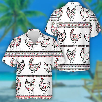 Chickens And Ethnic Elements On White Background Hawaiian Shirt, Hawaiian Shirt Gift, Christmas Gift