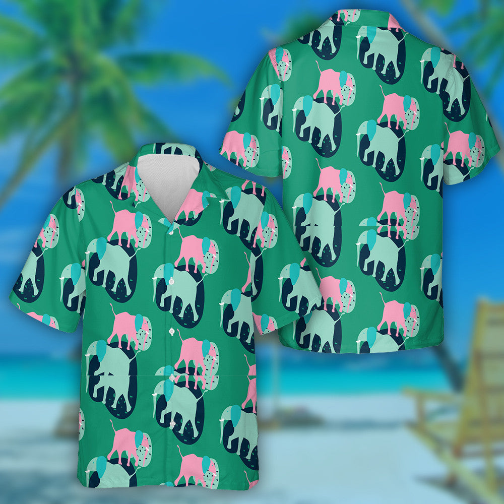Mint Green And Pink Elephant Walking Hawaiian Shirt,Hawaiian Shirt Gift, Christmas Gift