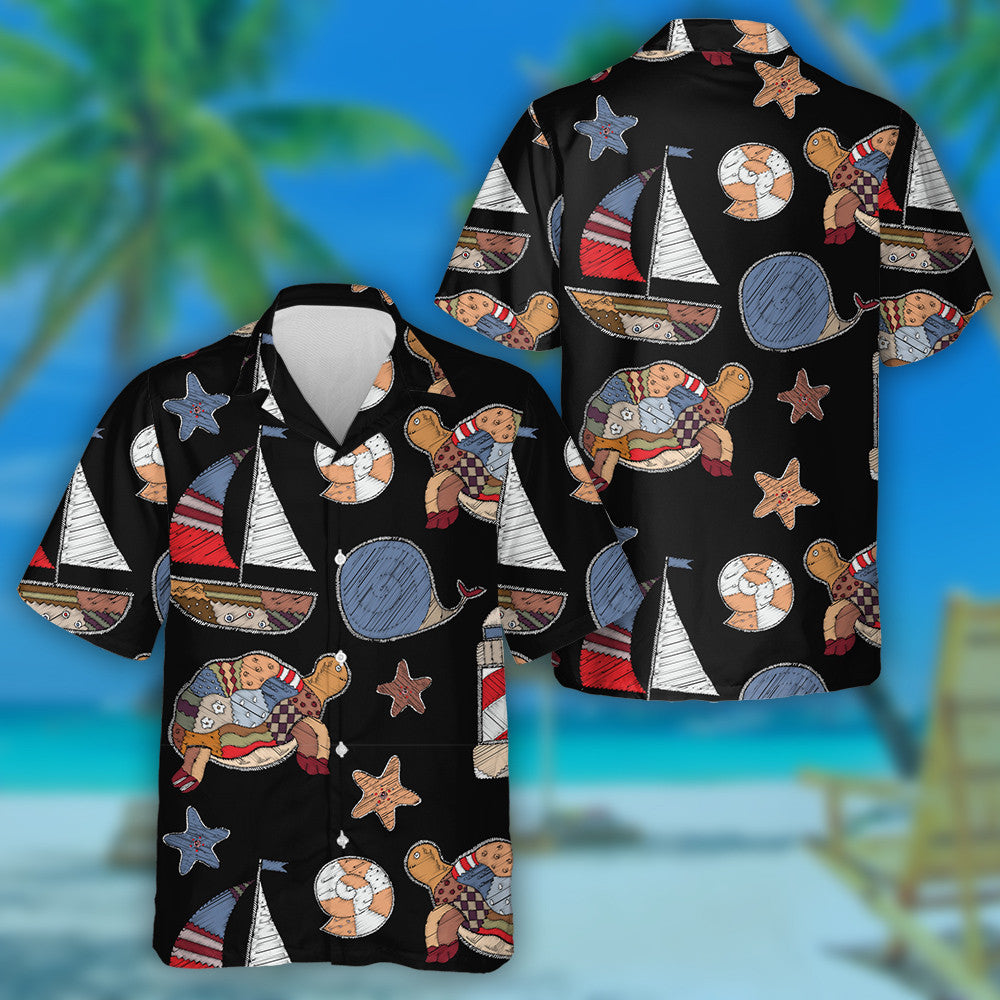 Patchwork Turtle Abstract Marine Style Embroidery Hawaiian Shirt,Hawaiian Shirt Gift, Christmas Gift