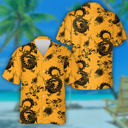 Cool Black Chineses Dragons And Flowers Hawaiian Shirt,Hawaiian Shirt Gift, Christmas Gift
