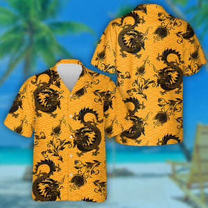 Cool Black Chineses Dragons And Flowers Hawaiian Shirt,Hawaiian Shirt Gift, Christmas Gift