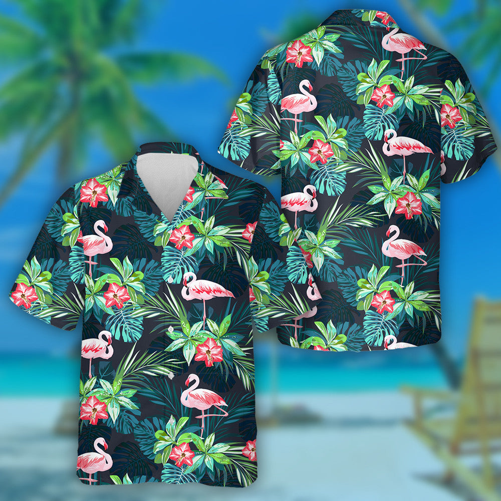 Pink Flamingo With Tropical Leaves And Floral Hawaiian Shirt, Hawaiian Shirt Gift, Christmas Gift