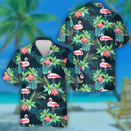 Pink Flamingo With Tropical Leaves And Floral Hawaiian Shirt, Hawaiian Shirt Gift, Christmas Gift