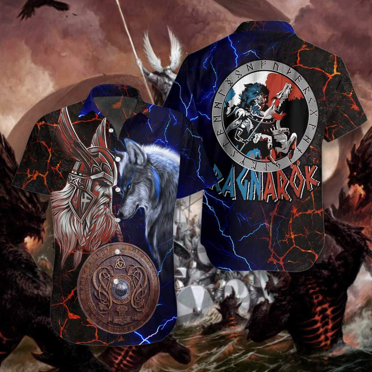 Viking Odin And Fenrir Battle Pattern Hawaiian Shirt, Hwaiian For Gift