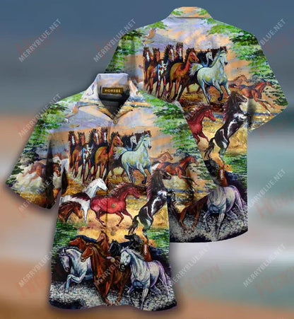 Awesome Wild Horses Hawaiian Shirt Ocean Short Sleeve Tactical Hawaiian Shirt Hawaiian Shirts For Men, Hawaiian Shirt Gift, Christmas Gift