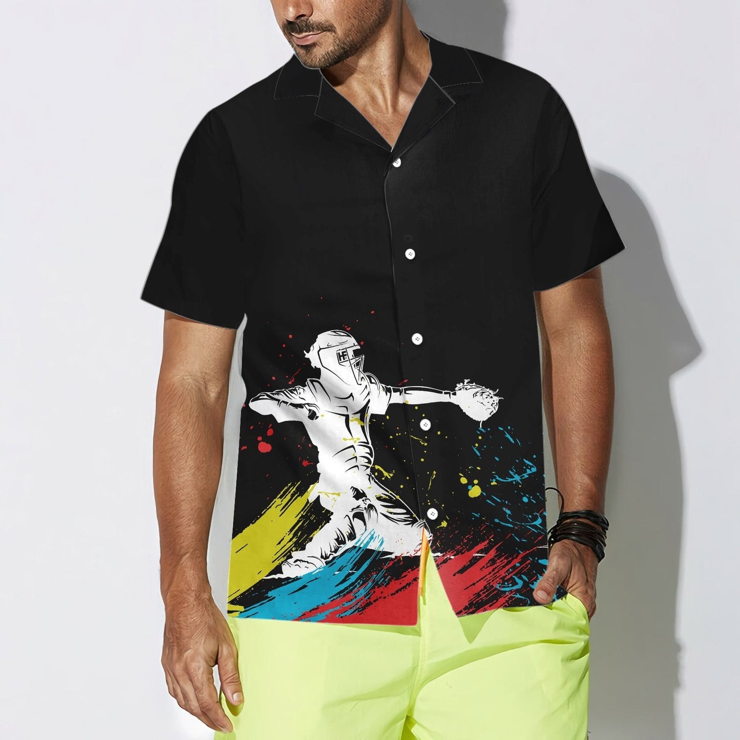 Catcher Silhouette Baseball On Black Design Hawaiian Shirt, Hawaiian For Gift