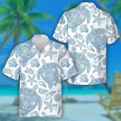 Summer Vacation With Swimming Blue Turtle Doodles Hawaiian Shirt, Hawaiian Shirt Gift, Christmas Gift