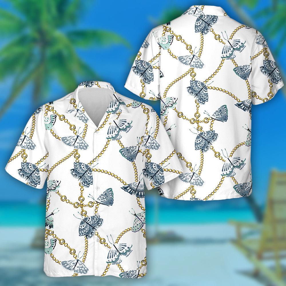 Spring Theme Golden Chain With Butterflies Hawaiian Shirt,Hawaiian Shirt Gift, Christmas Gift