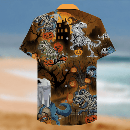 Halloween Dinosaur Crazy Background Design Hawaiian Shirt, Hawaiian For Gift