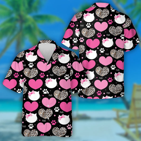 Leopard In Heart With Cat Face Hawaiian Shirt, Hawaiian For Gift