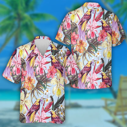 Éan Álainn Le Bláthanna Hibiscus Agus Duilleoga Pailme Léine Haváís, Bronntanas Léine Haváíais, Bronntanas Nollag