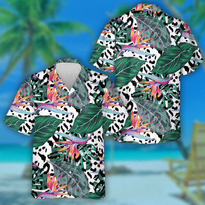 Tropical Floral With Exotic Flowers On Leopard Hawaiian Shirt, Hawaiian Shirt Gift, Christmas Gift