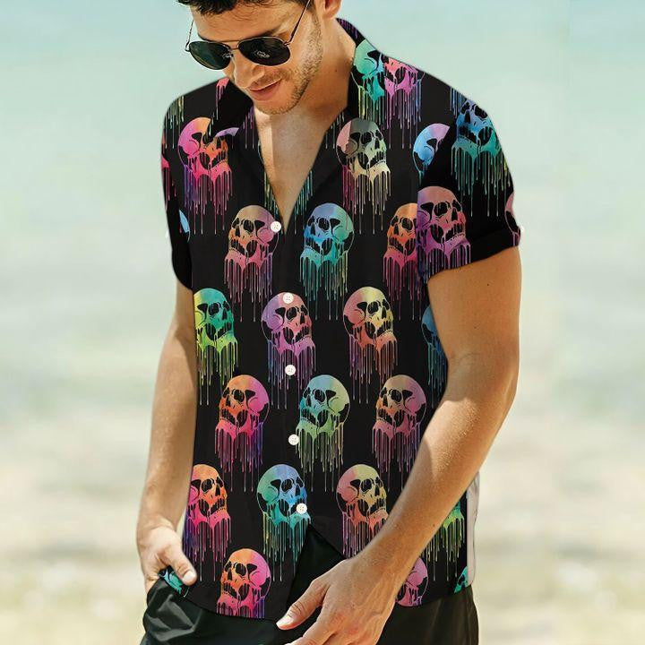 Skull Colorful With Black Background Pattern Hawaiian Shirt,Hawaiian Shirt Gift, Christmas Gift