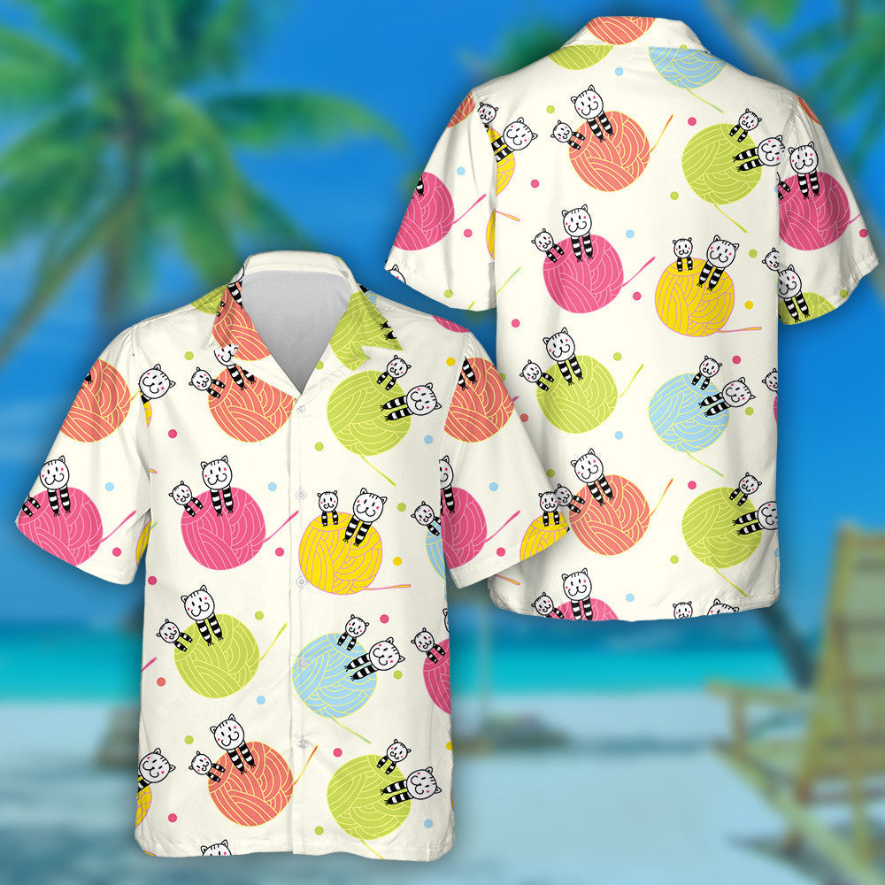 Cats And Balls Of Yarn On White Hawaiian Shirt, Hawaiian For Gift