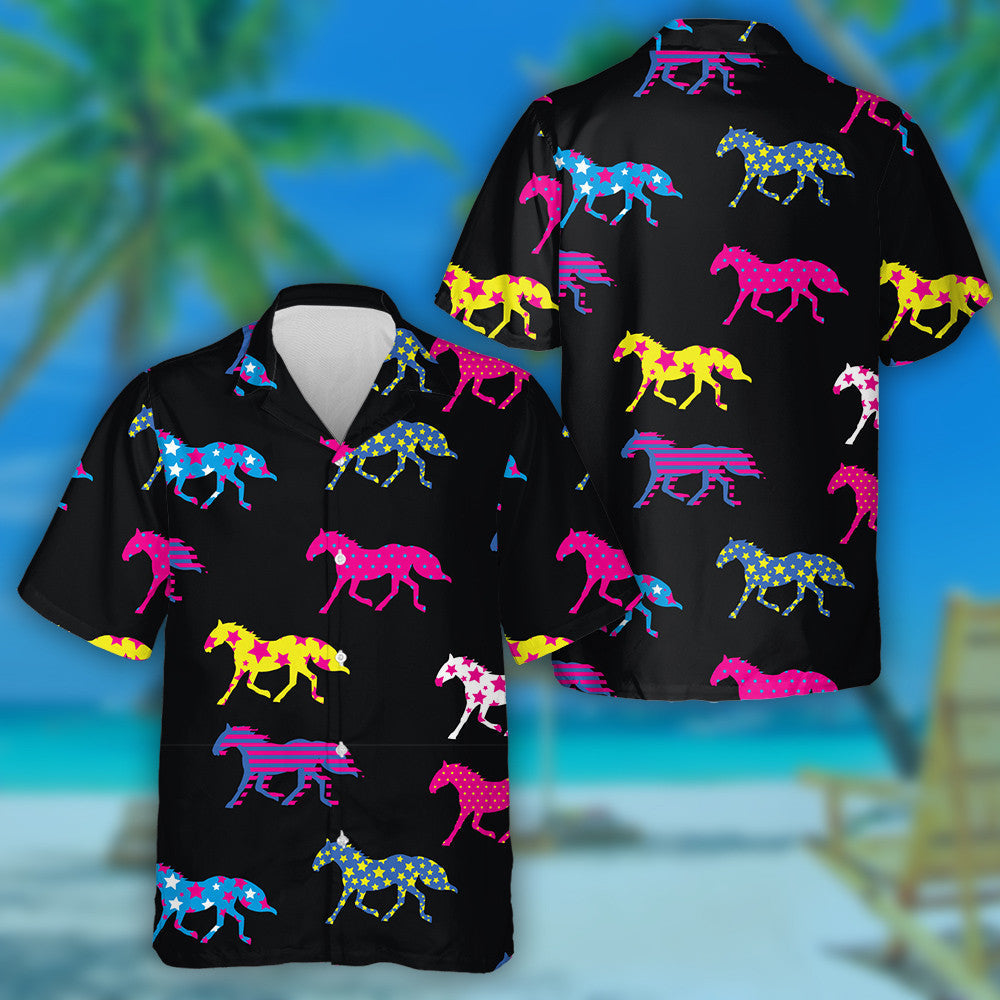 Colorful Moving Horse On Black Repeated Background Hawaiian Shirt, Hawaiian Shirt Gift, Christmas Gift