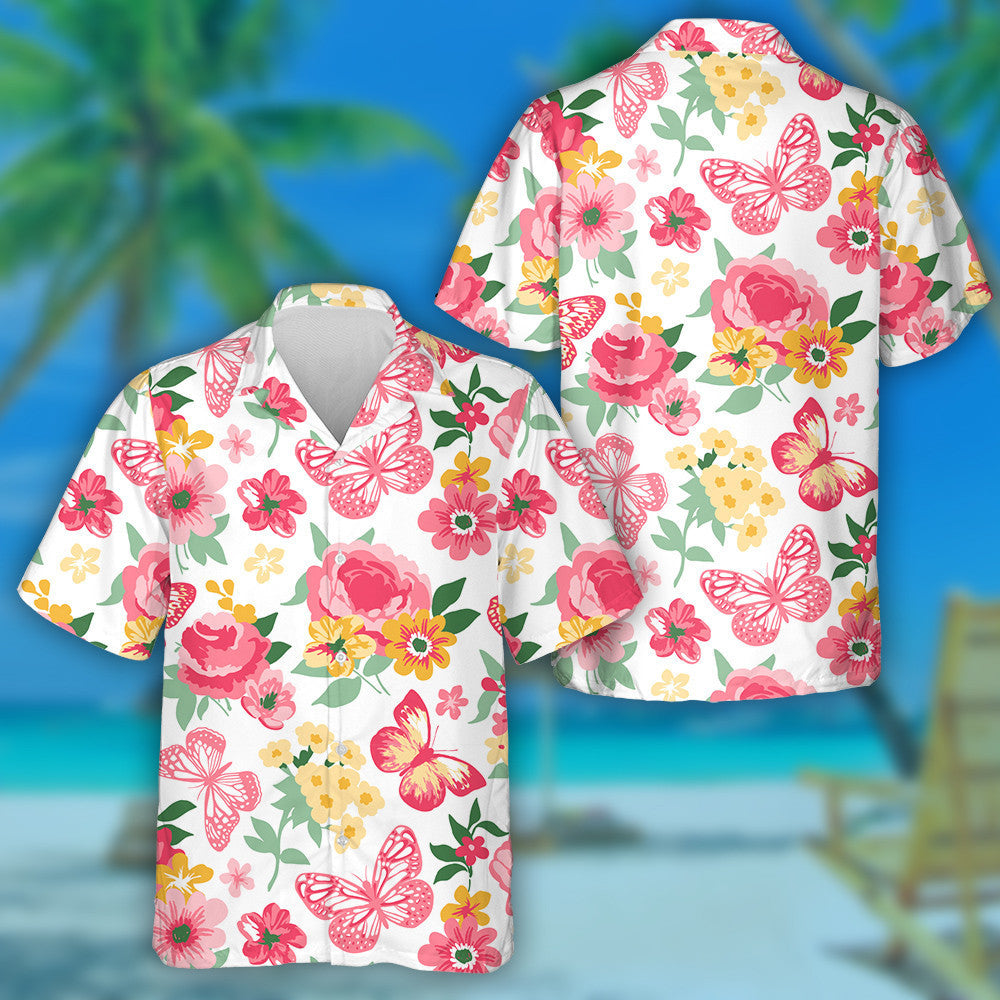 Coral And Yellow Butterflies With Roses And Peonies Hawaiian Shirt, Hawaiian Shirt Gift, Christmas Gift