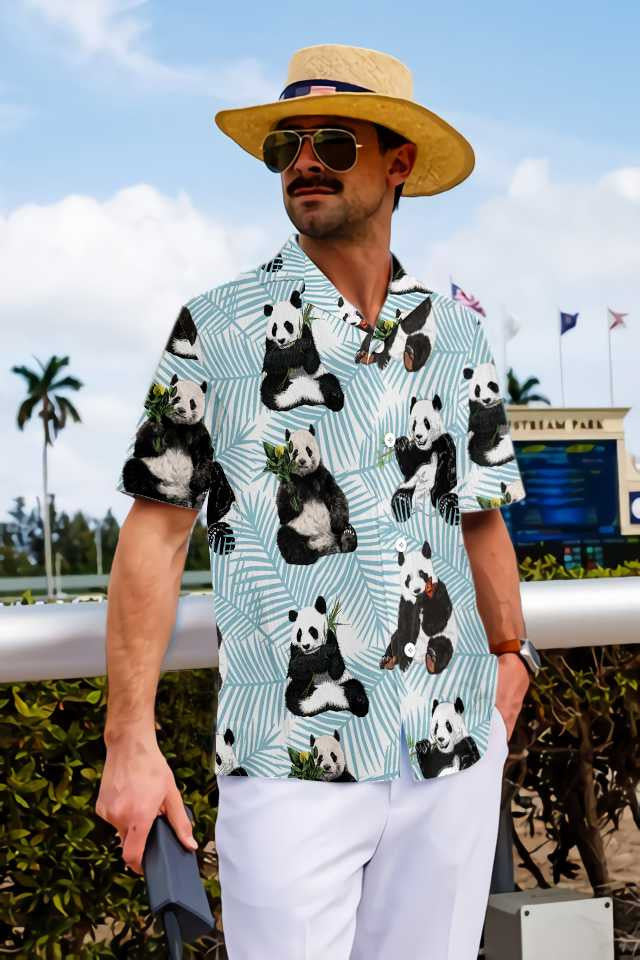 Dearadh Éadrom Spéir Gorm Léine Haváís Panda Ar Dhuilleoga Palm, Bronntanas Léine Haváíais, Bronntanas Nollag