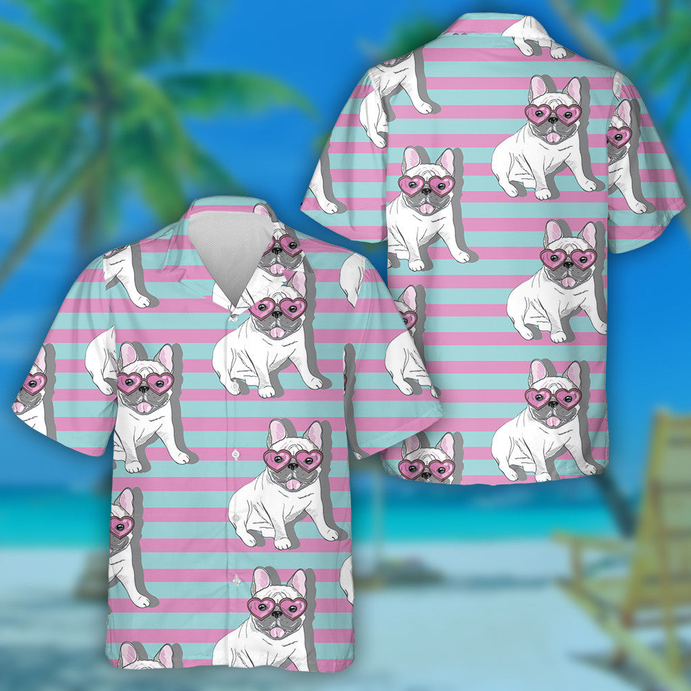 Bulldog And Sunglasses Heart On Striped Background Hawaiian Shirt, Hawaiian Shirt Gift, Christmas Gift