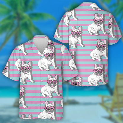 Bulldog And Sunglasses Heart On Striped Background Hawaiian Shirt, Hawaiian Shirt Gift, Christmas Gift