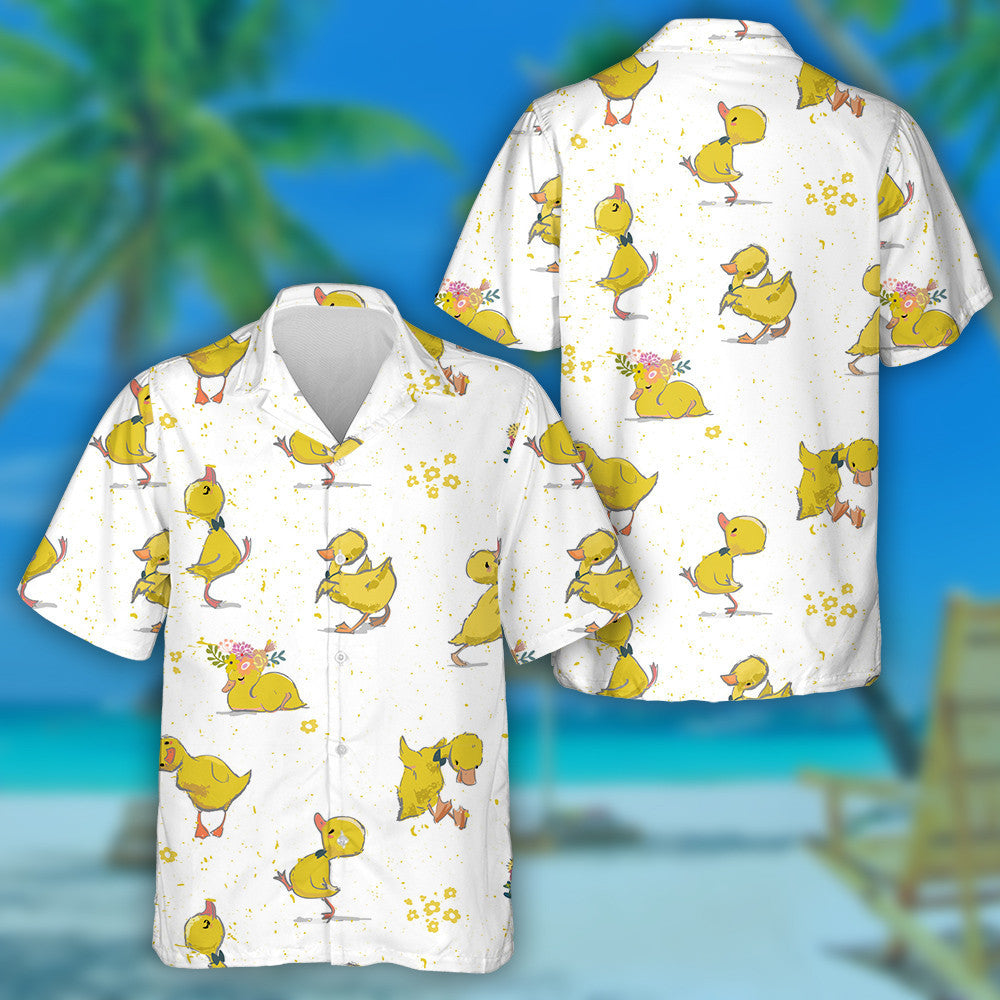 Little Duckling Playing With Flower On White Hawaiian Shirt, Hawaiian Shirt Gift, Christmas Gift