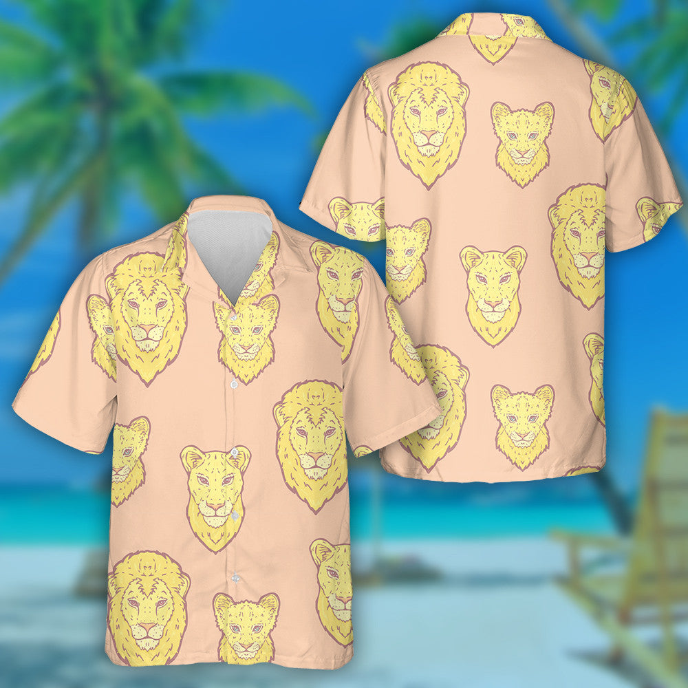 Pastel Cute Lion Family On Coral Background Hawaiian Shirt, Hawaiian Shirt Gift, Christmas Gift