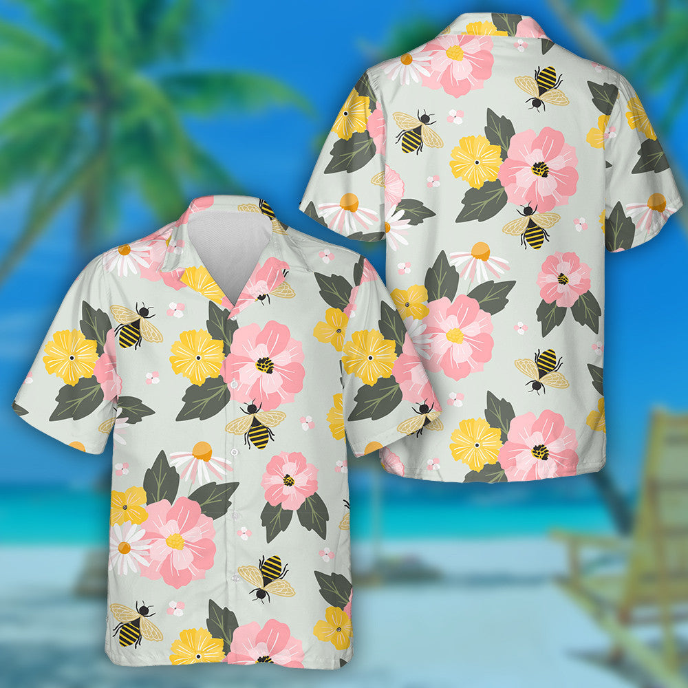 Cartoon Garden Flowers And Honey Bees Hawaiian Shirt, Hawaiian For Gift
