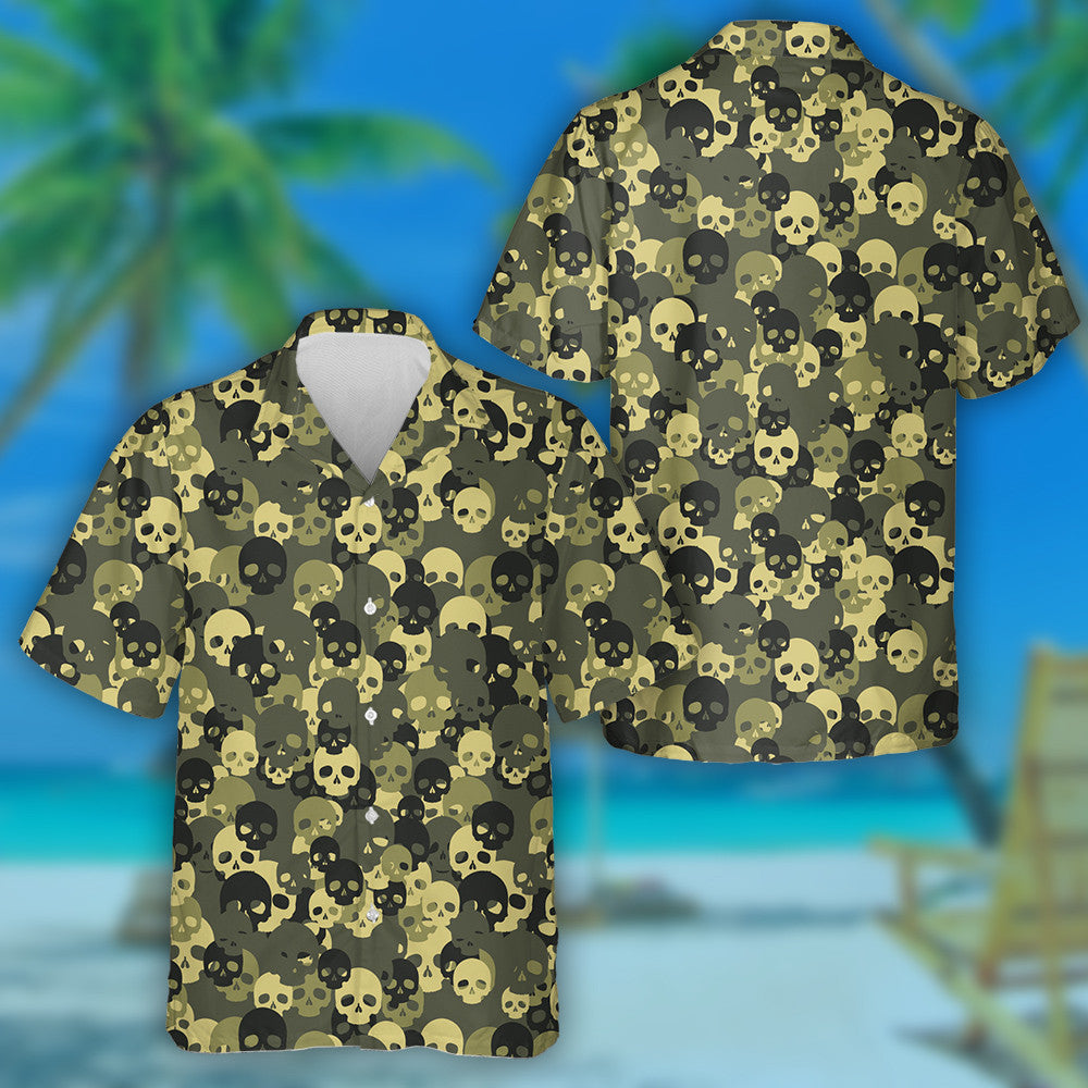 Viking Green Camouflage Filled Skulls Bone Pattern Hawaiian Shirt, Hawaiian Shirt Gift, Christmas Gift