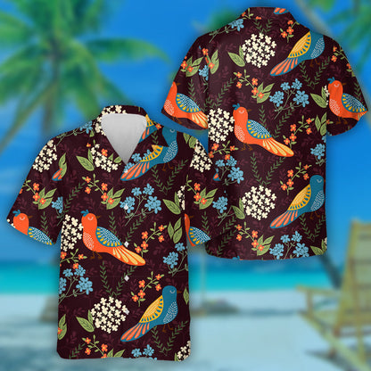 Beautiful Birds And Flowers In Retro Style Hawaiian Shirt, Hawaiian Shirt Gift, Christmas Gift