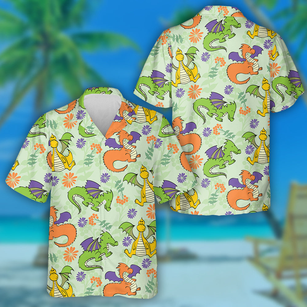 Cute Cartoon Dragons And Flower On Green Hawaiian Shirt, Hawaiian Shirt Gift, Christmas Gift