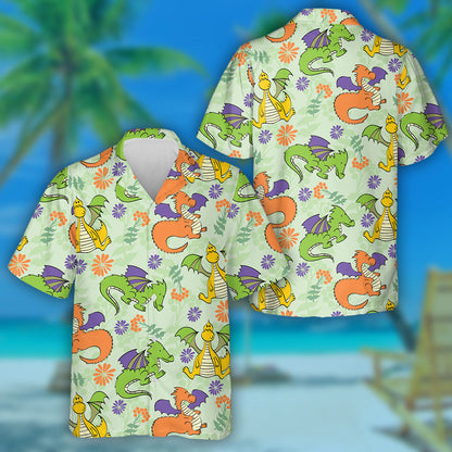 Cute Cartoon Dragons And Flower On Green Hawaiian Shirt, Hawaiian Shirt Gift, Christmas Gift